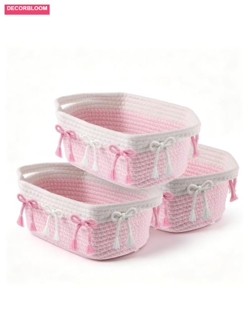 3PC Cotton Rope Storage Baskets Bow Woven Nursery Organizer with Handles